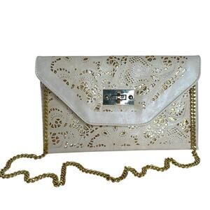 Jing Mei Light Beige Exterior Cut Out Reveal Gold Envelope Crossbody Bag